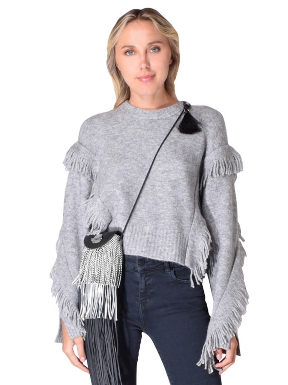 3.1 PHILLIP LIM  Cropped Fringe Sleeve Sweater In Medium Melange Grey