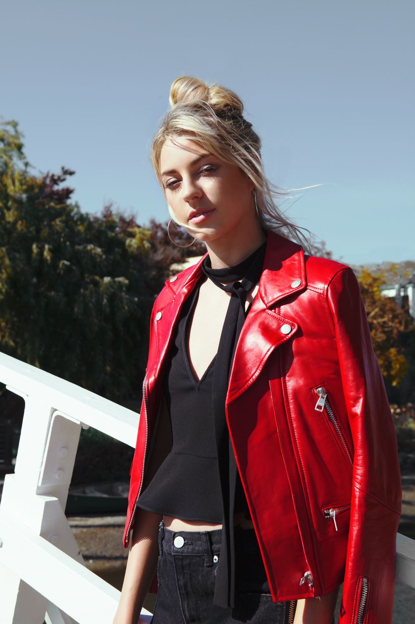 LIKELY's Lettie Top paired with the red leather jacket from Paris-based brand Intuition